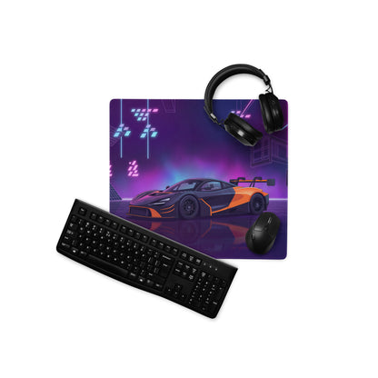 McLaren 720S GT3 Inspired Black Orange Vaporwave Gaming Mouse Pad – Neon Purple Motorsport Desk Mat with Retro Futuristic Synthwave Racing Art