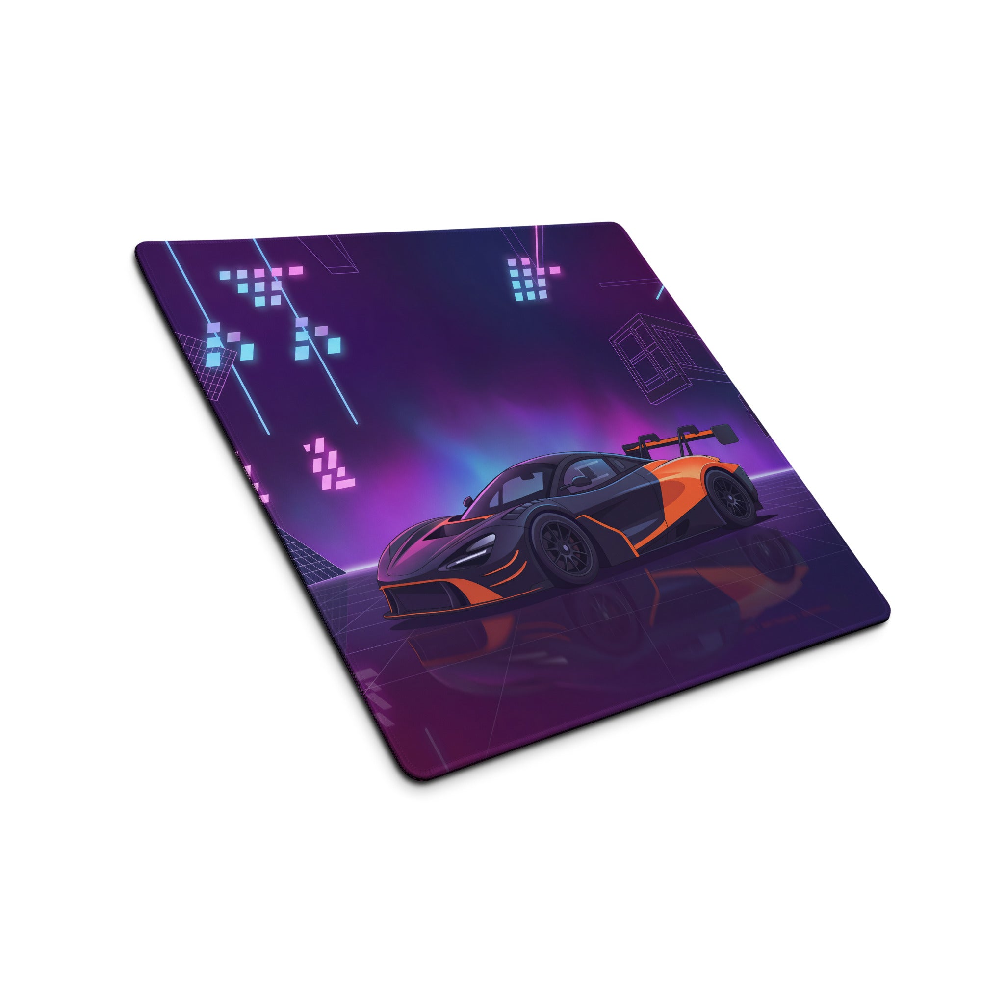 McLaren 720S GT3 Inspired Black Orange Vaporwave Gaming Mouse Pad – Neon Purple Motorsport Desk Mat with Retro Futuristic Synthwave Racing Art