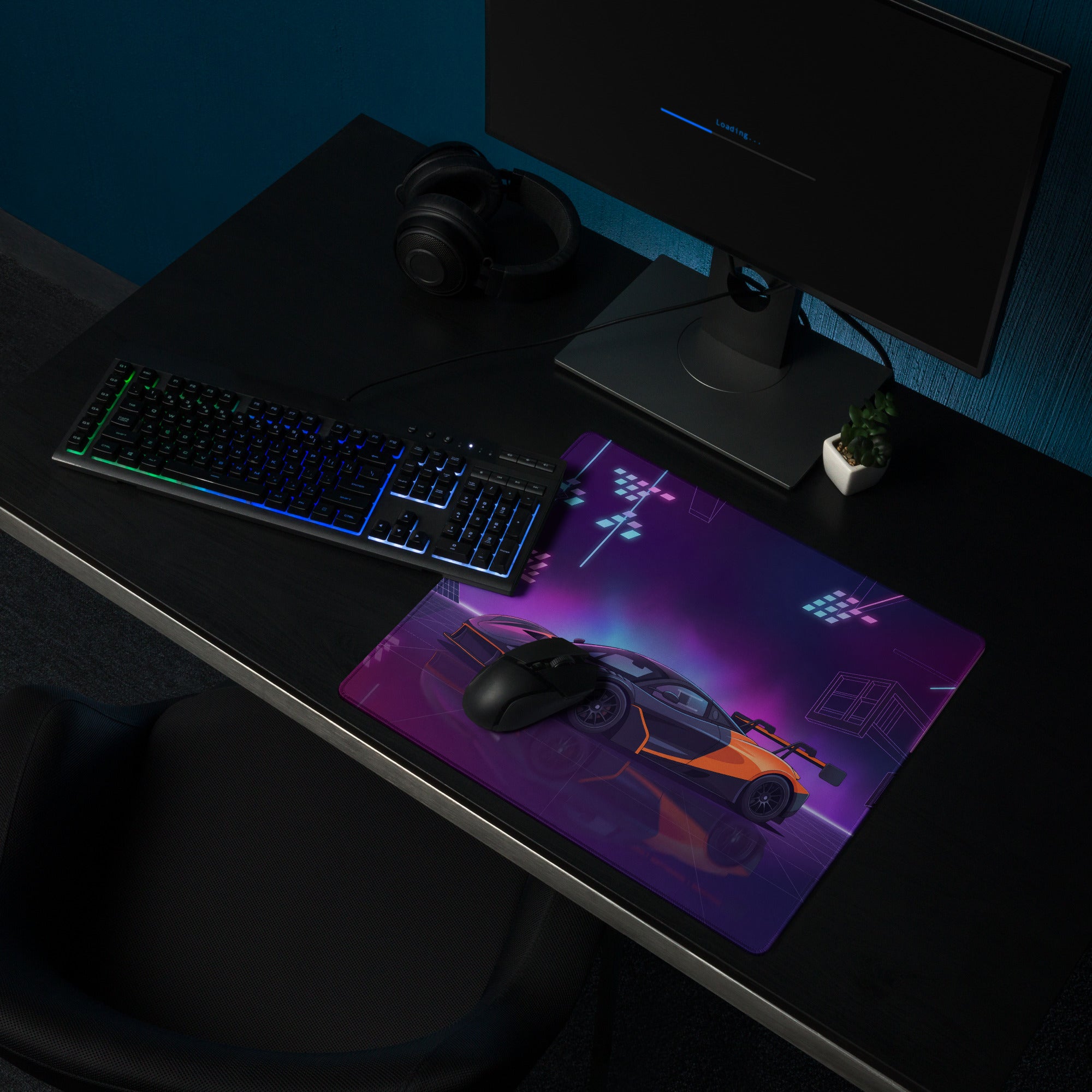 McLaren 720S GT3 Inspired Black Orange Vaporwave Gaming Mouse Pad – Neon Purple Motorsport Desk Mat with Retro Futuristic Synthwave Racing Art