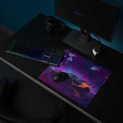 McLaren 720S GT3 Inspired Black Orange Vaporwave Gaming Mouse Pad – Neon Purple Motorsport Desk Mat with Retro Futuristic Synthwave Racing Art