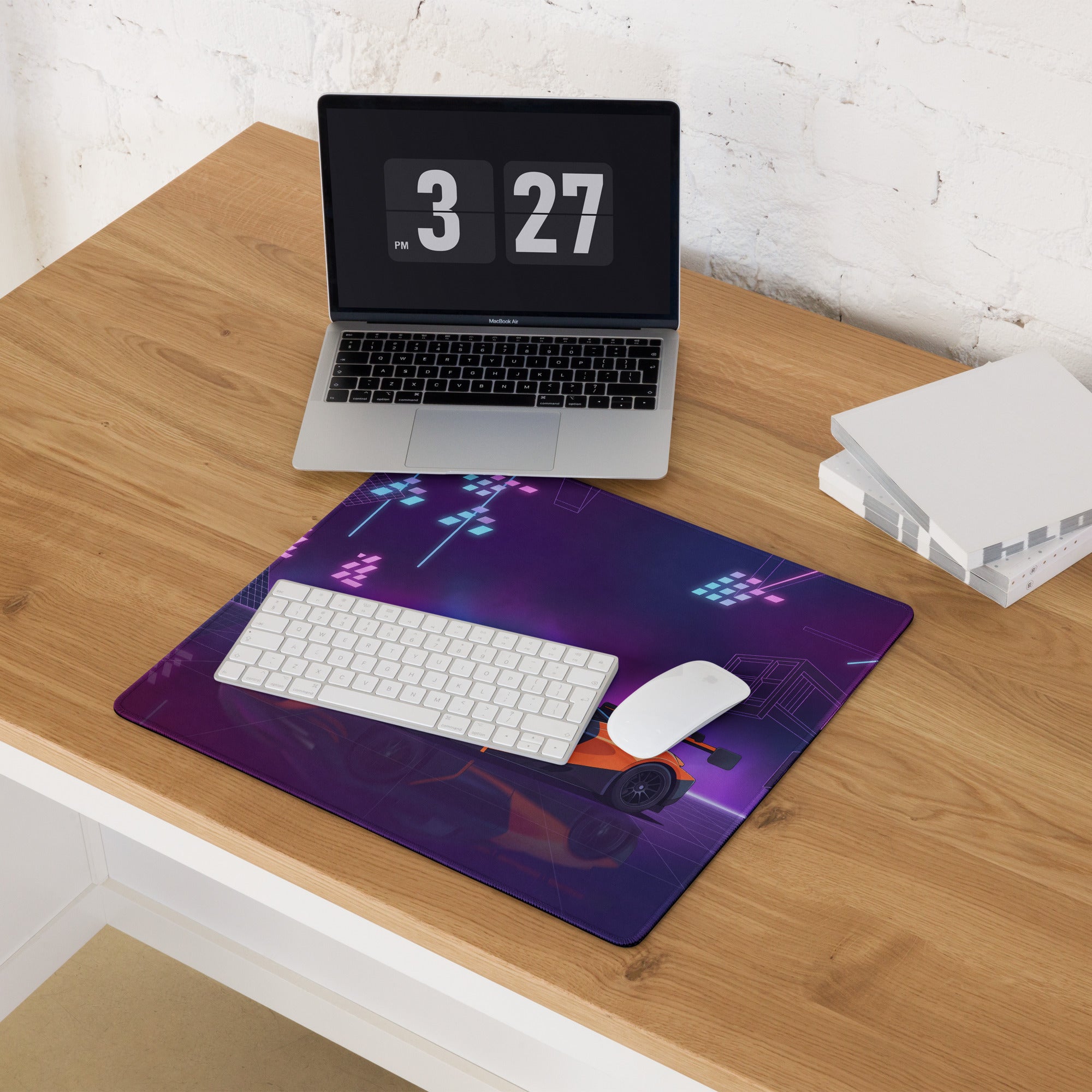 McLaren 720S GT3 Inspired Black Orange Vaporwave Gaming Mouse Pad – Neon Purple Motorsport Desk Mat with Retro Futuristic Synthwave Racing Art