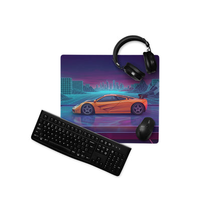 McLaren F1 LM Inspired Orange Vaporwave Gaming Mouse Pad – Neon Cyberpunk City Grid Desk Mat with Retro Futuristic Mountains and Supercar Art