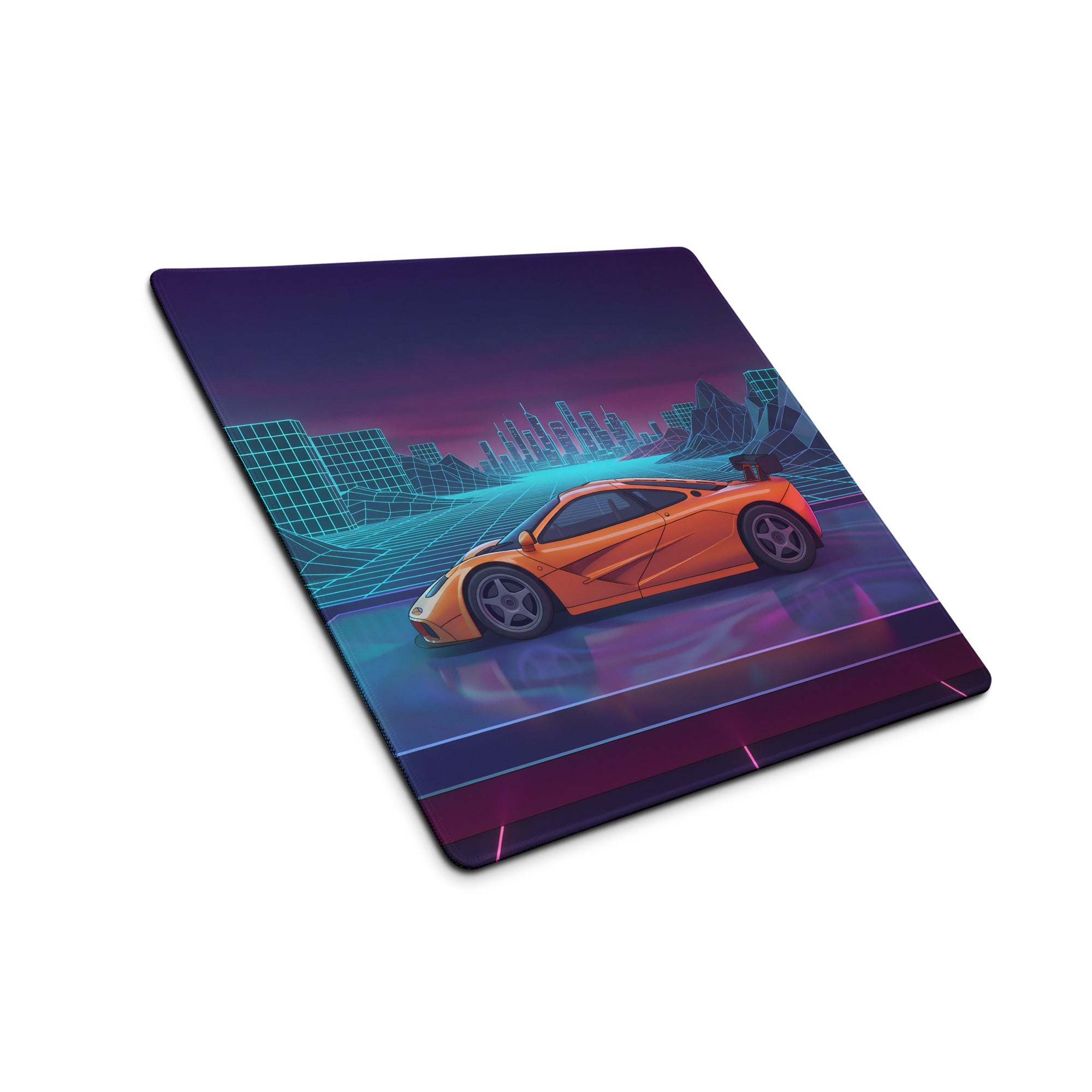 McLaren F1 LM Inspired Orange Vaporwave Gaming Mouse Pad – Neon Cyberpunk City Grid Desk Mat with Retro Futuristic Mountains and Supercar Art