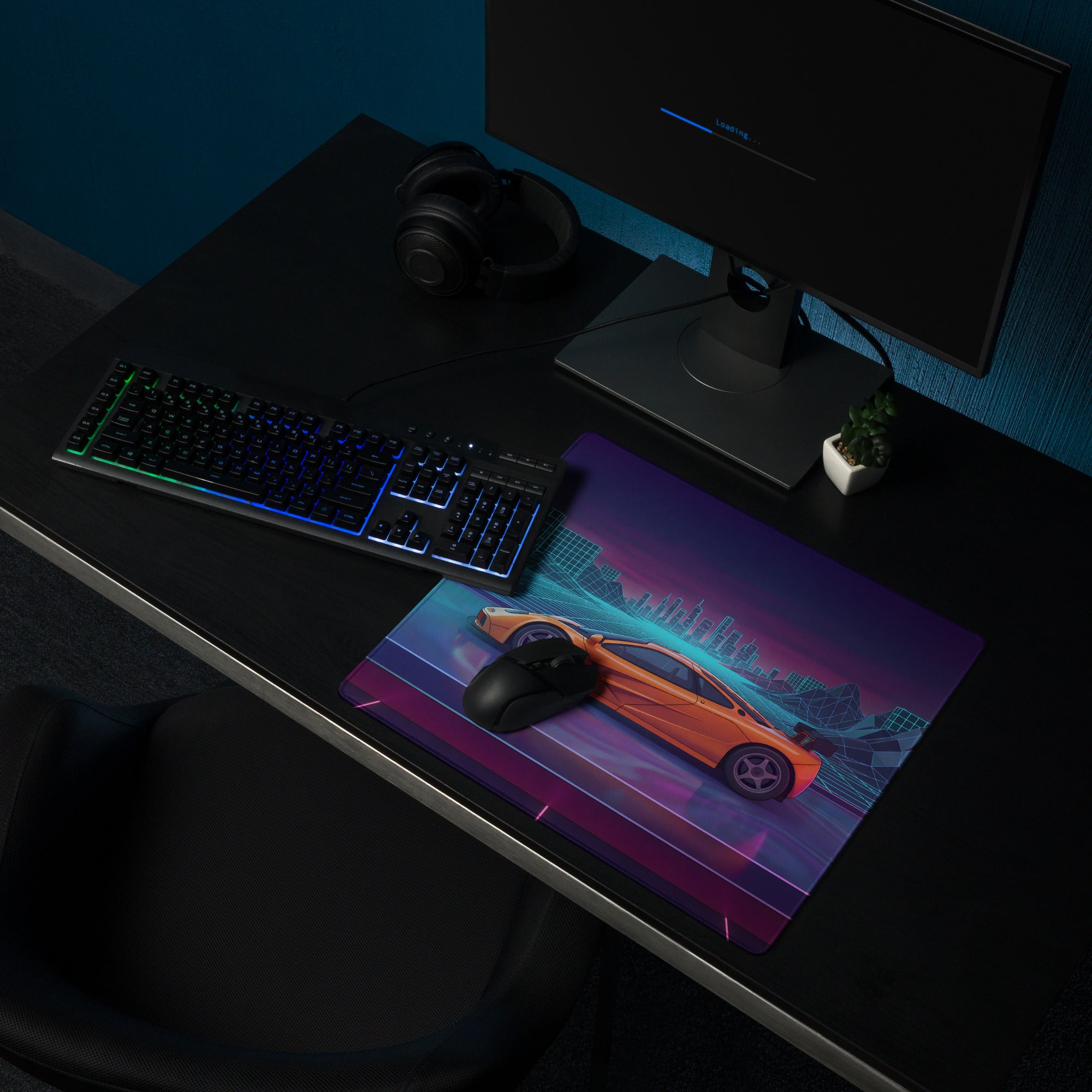 McLaren F1 LM Inspired Orange Vaporwave Gaming Mouse Pad – Neon Cyberpunk City Grid Desk Mat with Retro Futuristic Mountains and Supercar Art