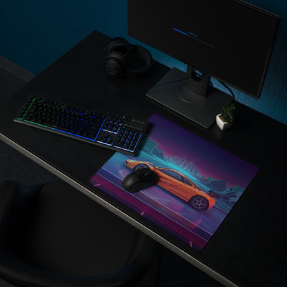 McLaren F1 LM Inspired Orange Vaporwave Gaming Mouse Pad – Neon Cyberpunk City Grid Desk Mat with Retro Futuristic Mountains and Supercar Art