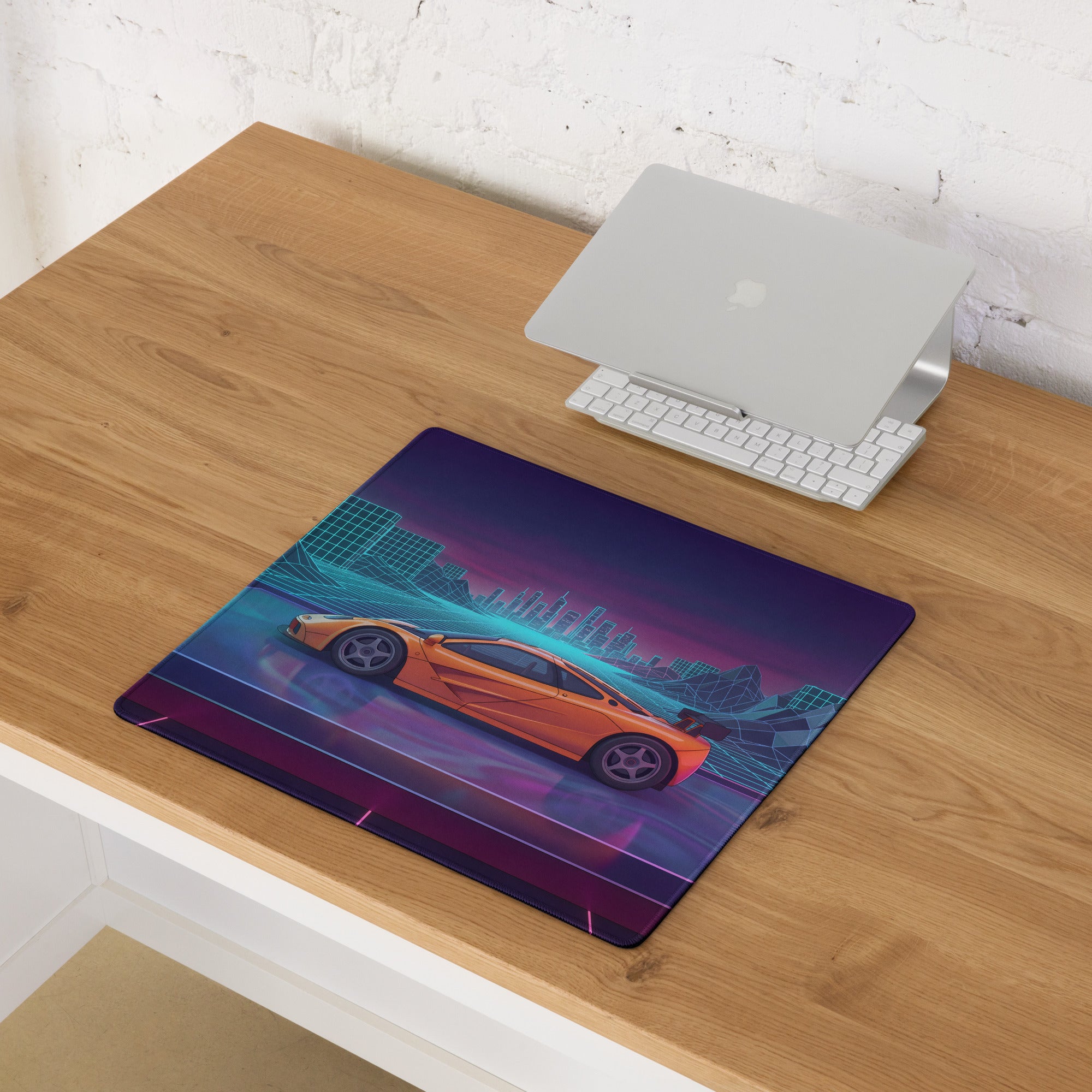 McLaren F1 LM Inspired Orange Vaporwave Gaming Mouse Pad – Neon Cyberpunk City Grid Desk Mat with Retro Futuristic Mountains and Supercar Art