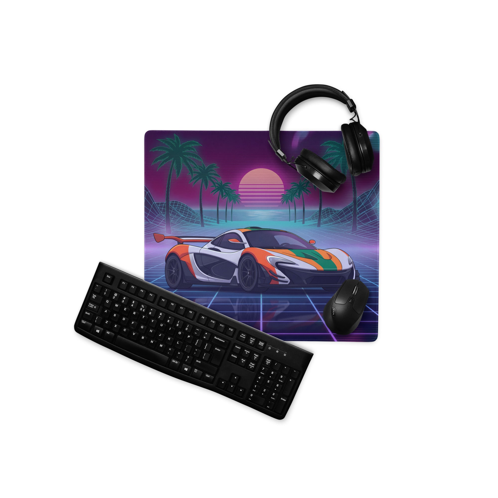 McLaren P1 GTR Inspired Orange White Vaporwave Gaming Mouse Pad – Neon Retro Futuristic Grid Desk Mat with Palm Trees and Synthwave Supercar Art