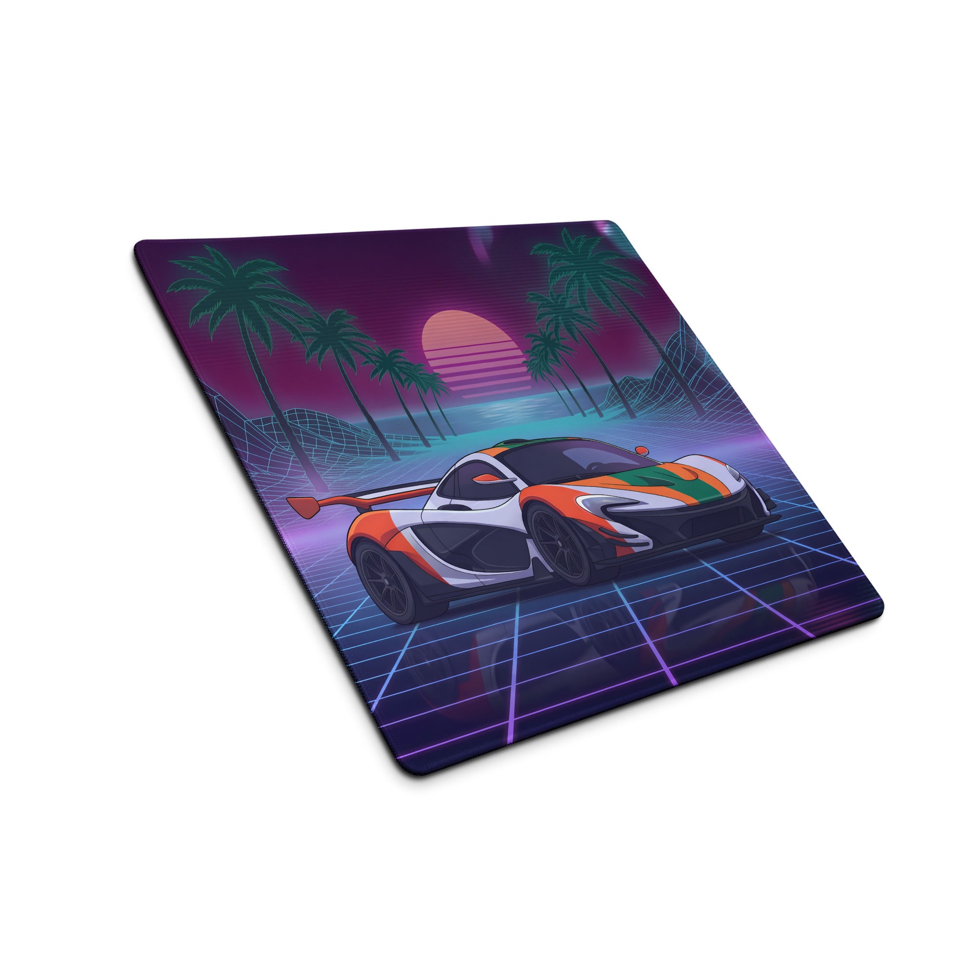 McLaren P1 GTR Inspired Orange White Vaporwave Gaming Mouse Pad – Neon Retro Futuristic Grid Desk Mat with Palm Trees and Synthwave Supercar Art