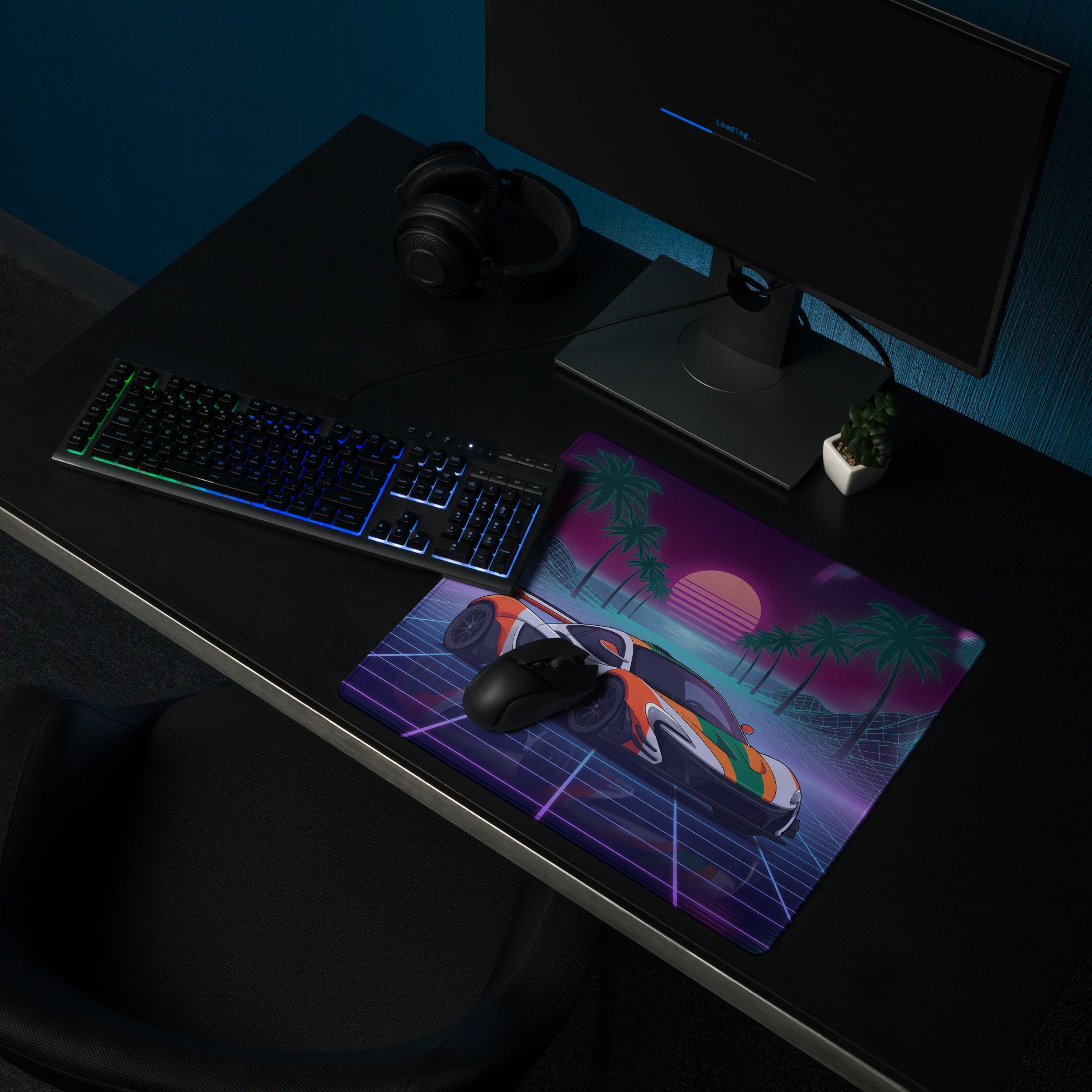 McLaren P1 GTR Inspired Orange White Vaporwave Gaming Mouse Pad – Neon Retro Futuristic Grid Desk Mat with Palm Trees and Synthwave Supercar Art