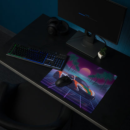 McLaren P1 GTR Inspired Orange White Vaporwave Gaming Mouse Pad – Neon Retro Futuristic Grid Desk Mat with Palm Trees and Synthwave Supercar Art