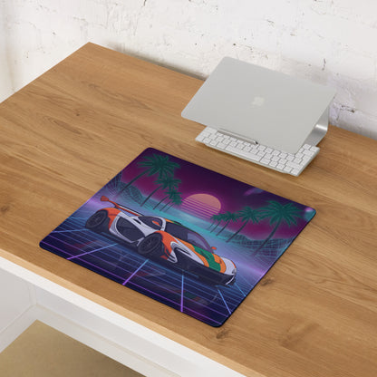 McLaren P1 GTR Inspired Orange White Vaporwave Gaming Mouse Pad – Neon Retro Futuristic Grid Desk Mat with Palm Trees and Synthwave Supercar Art