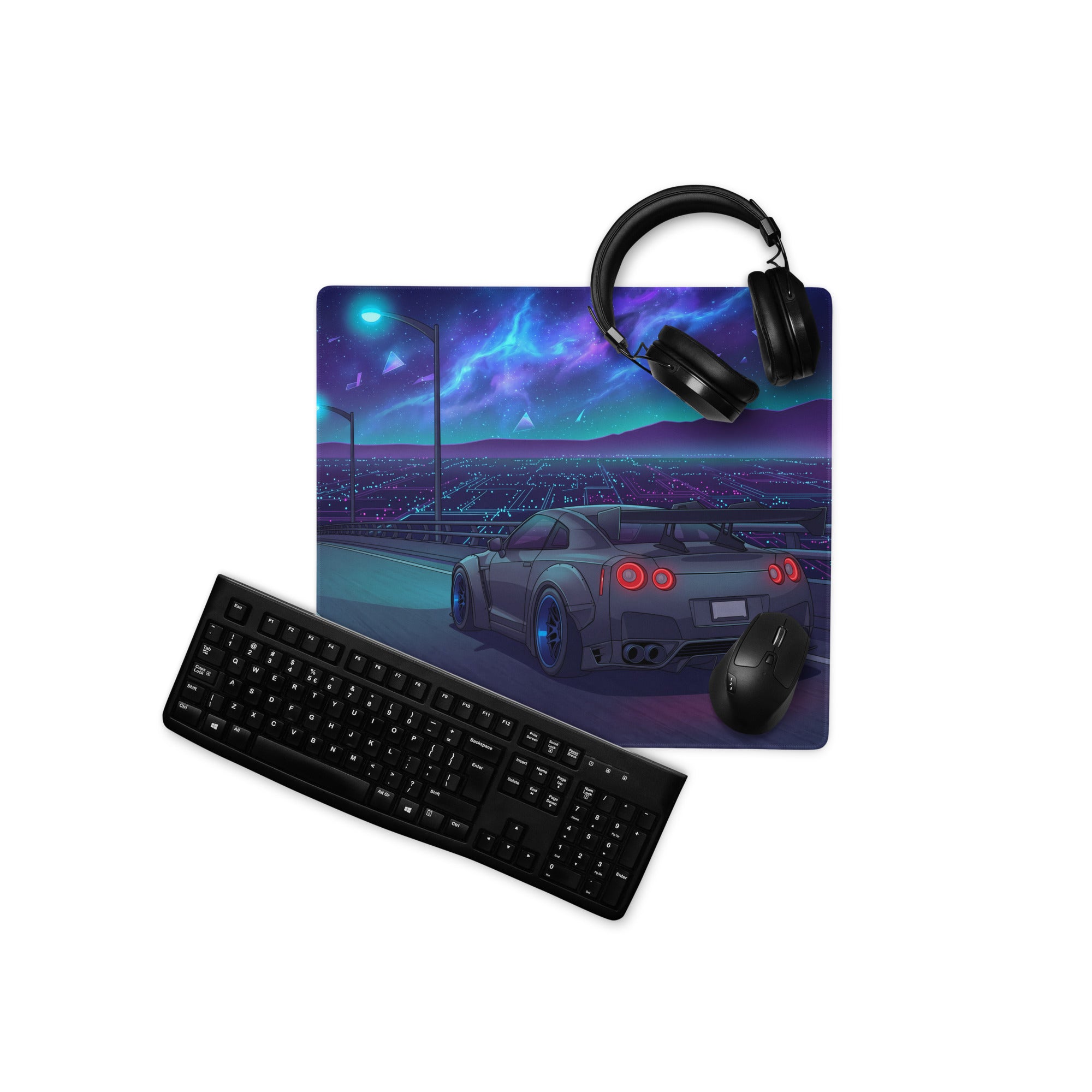 Nissan GT-R R35 Inspired Gray Blue Vaporwave Gaming Mouse Pad – Neon Cosmic Highway Desk Mat with Futuristic Anime JDM Motorsport Art