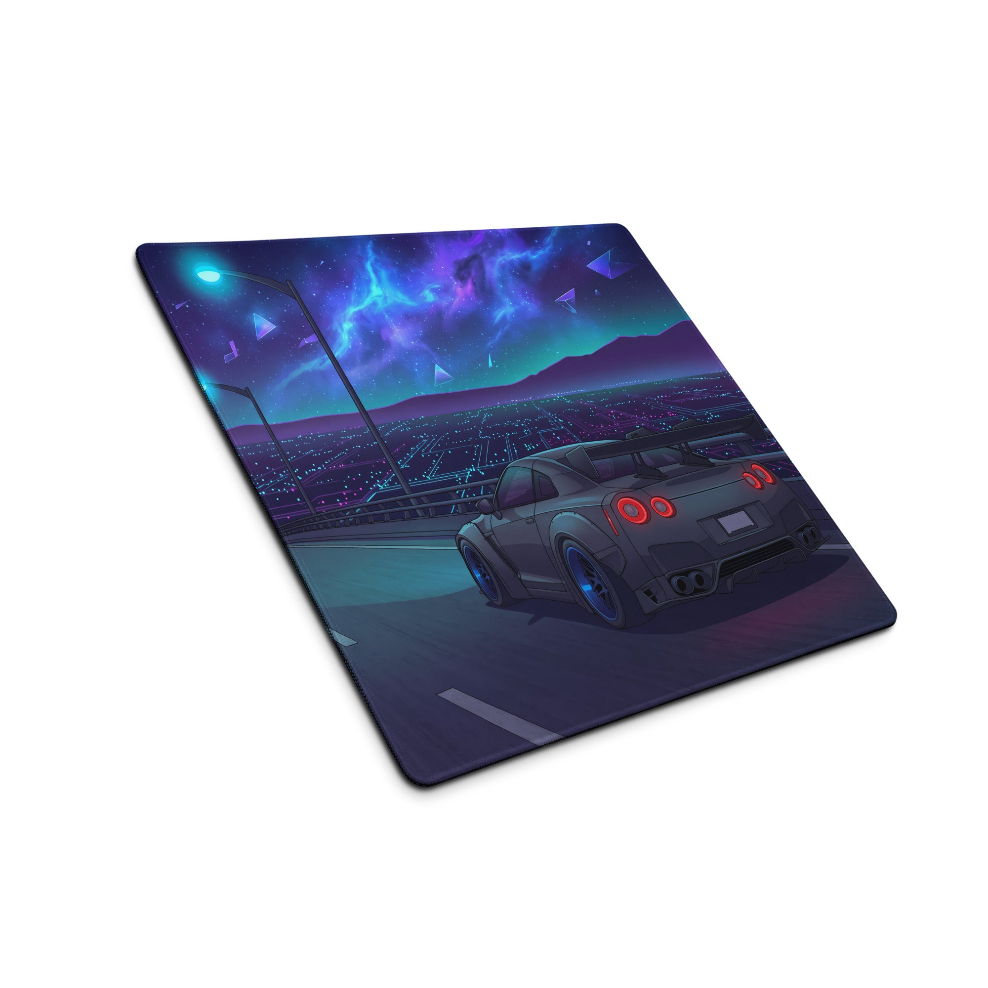 Nissan GT-R R35 Inspired Gray Blue Vaporwave Gaming Mouse Pad – Neon Cosmic Highway Desk Mat with Futuristic Anime JDM Motorsport Art