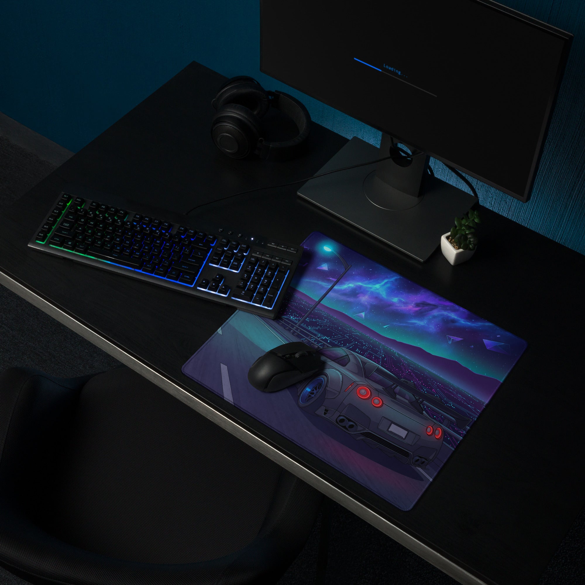 Nissan GT-R R35 Inspired Gray Blue Vaporwave Gaming Mouse Pad – Neon Cosmic Highway Desk Mat with Futuristic Anime JDM Motorsport Art