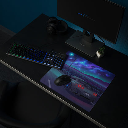 Nissan GT-R R35 Inspired Gray Blue Vaporwave Gaming Mouse Pad – Neon Cosmic Highway Desk Mat with Futuristic Anime JDM Motorsport Art