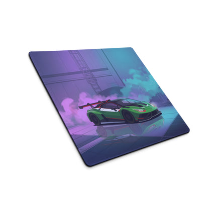 Lamborghini Huracán STO Inspired Green Vaporwave Gaming Mouse Pad – Neon Cyberpunk Garage Desk Mat with Futuristic Anime Motorsport Art