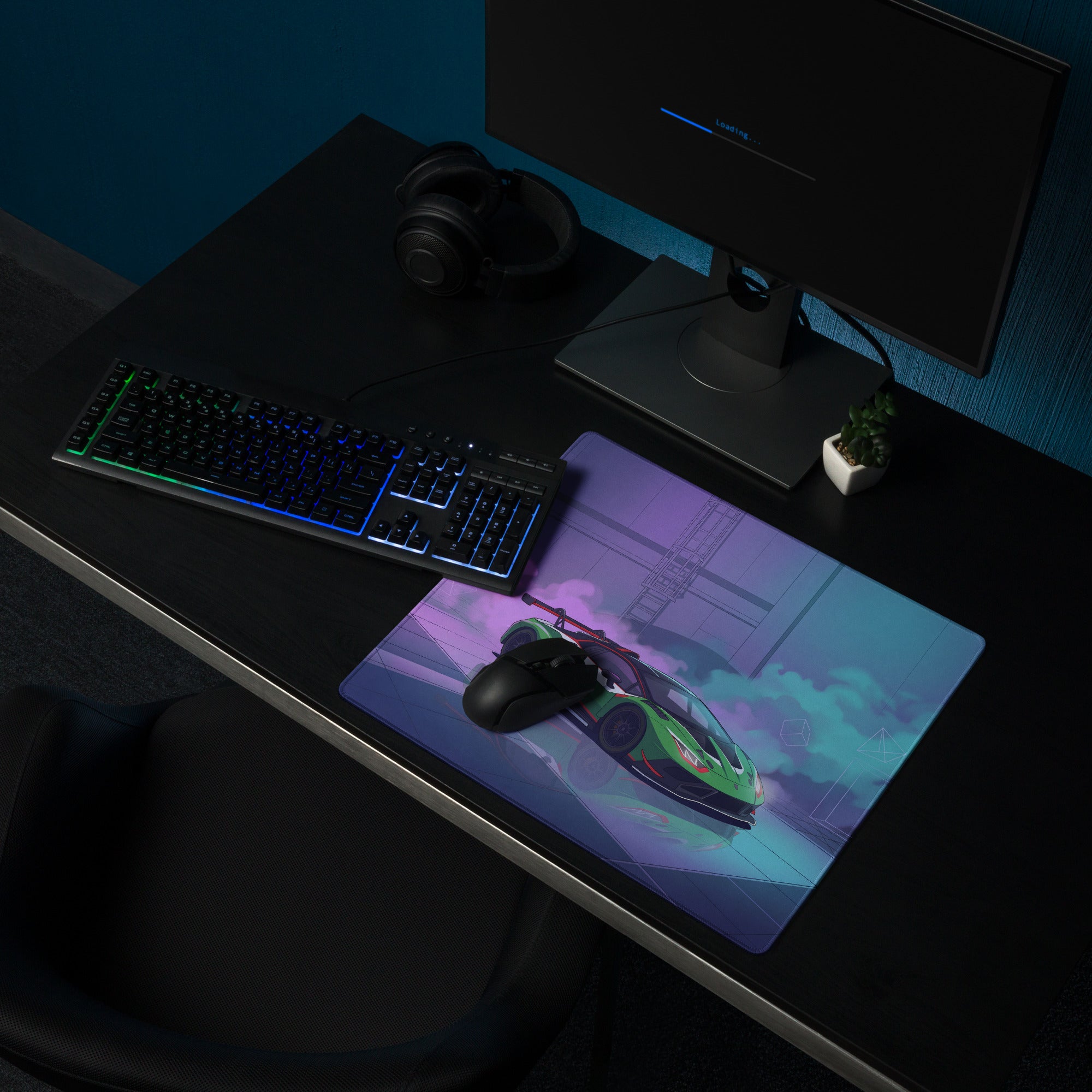 Lamborghini Huracán STO Inspired Green Vaporwave Gaming Mouse Pad – Neon Cyberpunk Garage Desk Mat with Futuristic Anime Motorsport Art