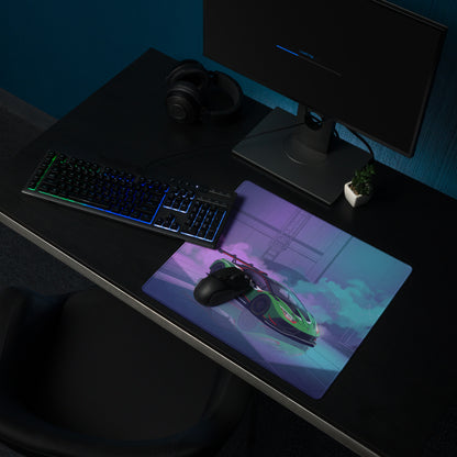 Lamborghini Huracán STO Inspired Green Vaporwave Gaming Mouse Pad – Neon Cyberpunk Garage Desk Mat with Futuristic Anime Motorsport Art