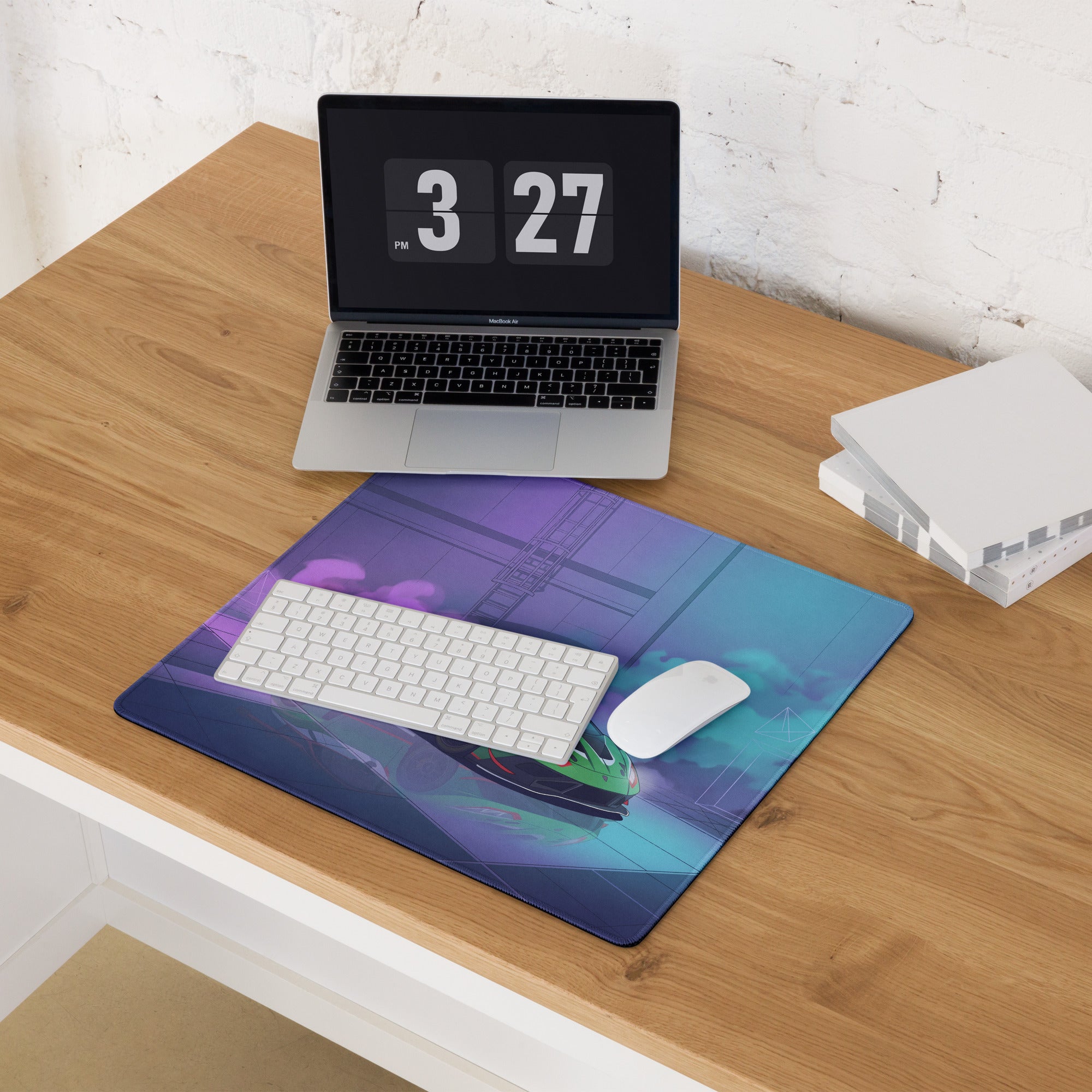 Lamborghini Huracán STO Inspired Green Vaporwave Gaming Mouse Pad – Neon Cyberpunk Garage Desk Mat with Futuristic Anime Motorsport Art