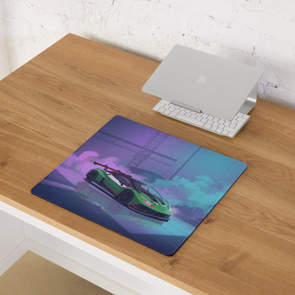 Lamborghini Huracán STO Inspired Green Vaporwave Gaming Mouse Pad – Neon Cyberpunk Garage Desk Mat with Futuristic Anime Motorsport Art