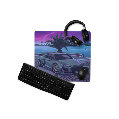 Audi R8 Inspired Silver Cyan Vaporwave Gaming Mouse Pad – Neon Waterfront Supercar Desk Mat with Retro Futuristic Night City Artwork