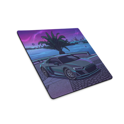 Audi R8 Inspired Silver Cyan Vaporwave Gaming Mouse Pad – Neon Waterfront Supercar Desk Mat with Retro Futuristic Night City Artwork