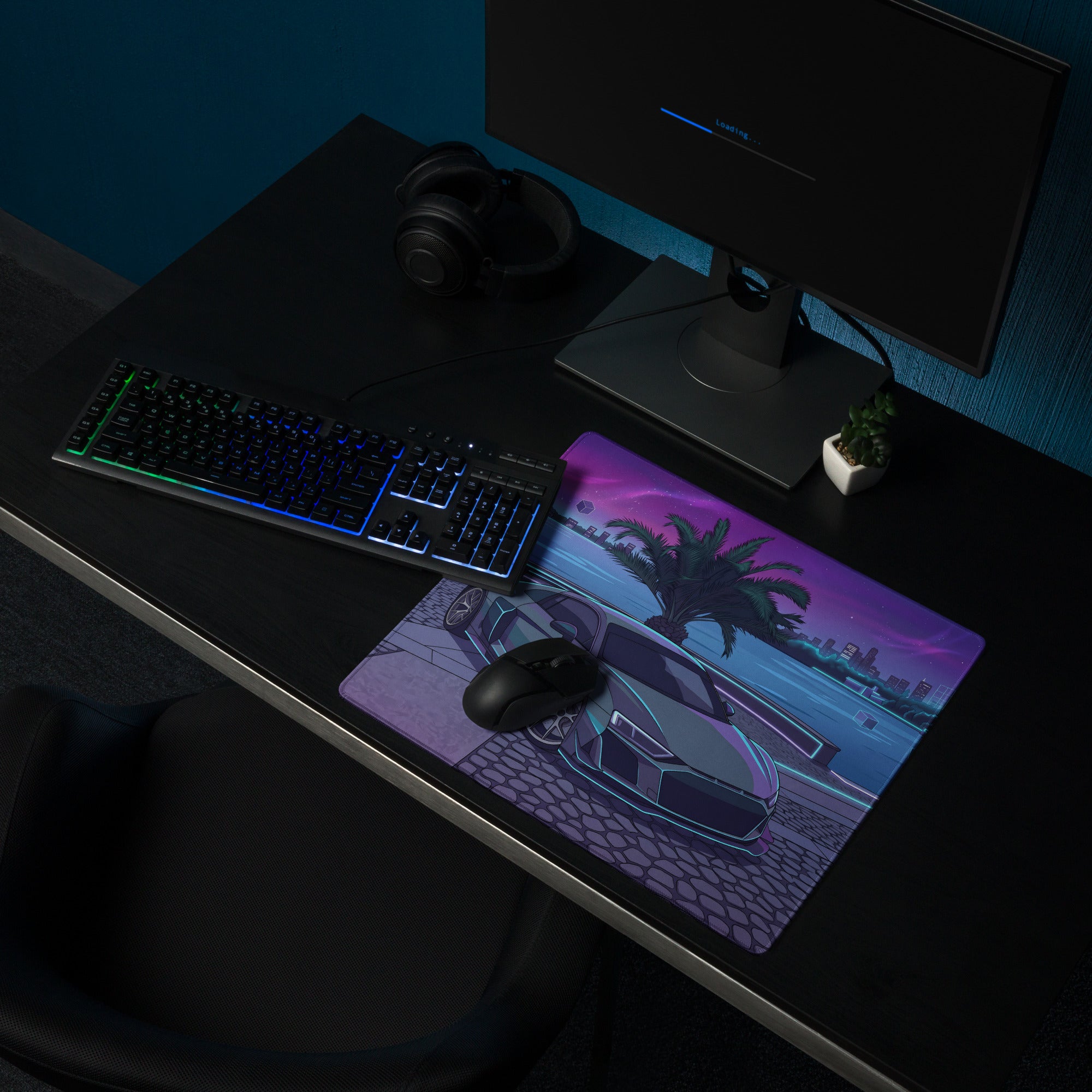 Audi R8 Inspired Silver Cyan Vaporwave Gaming Mouse Pad – Neon Waterfront Supercar Desk Mat with Retro Futuristic Night City Artwork