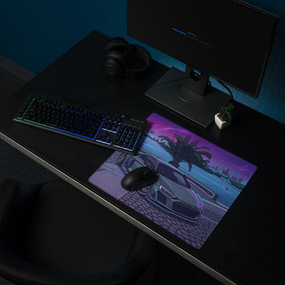 Audi R8 Inspired Silver Cyan Vaporwave Gaming Mouse Pad – Neon Waterfront Supercar Desk Mat with Retro Futuristic Night City Artwork