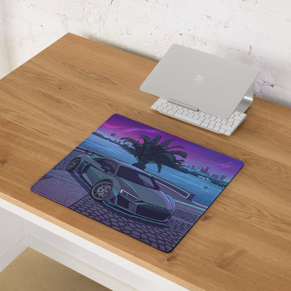 Audi R8 Inspired Silver Cyan Vaporwave Gaming Mouse Pad – Neon Waterfront Supercar Desk Mat with Retro Futuristic Night City Artwork
