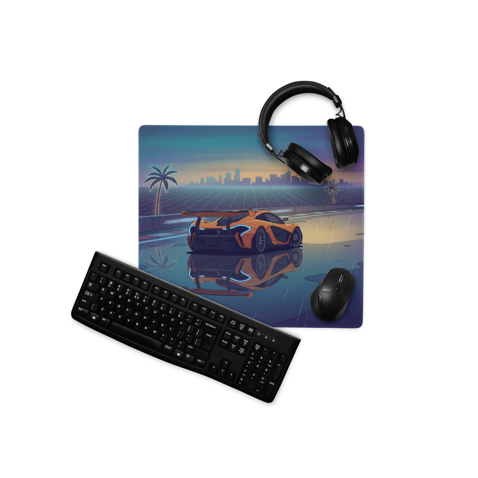 McLaren P1 GTR Inspired Orange Blue Vaporwave Gaming Mouse Pad – Rainy Neon Racetrack Desk Mat with Retro Futuristic Synthwave Supercar Artwork