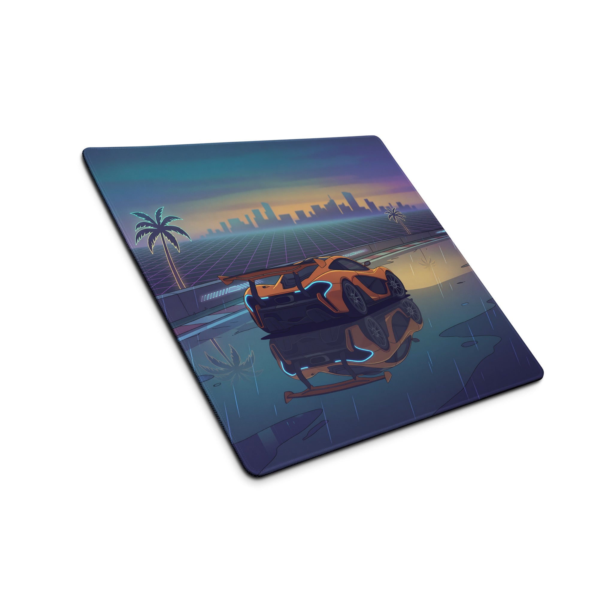 McLaren P1 GTR Inspired Orange Blue Vaporwave Gaming Mouse Pad – Rainy Neon Racetrack Desk Mat with Retro Futuristic Synthwave Supercar Artwork