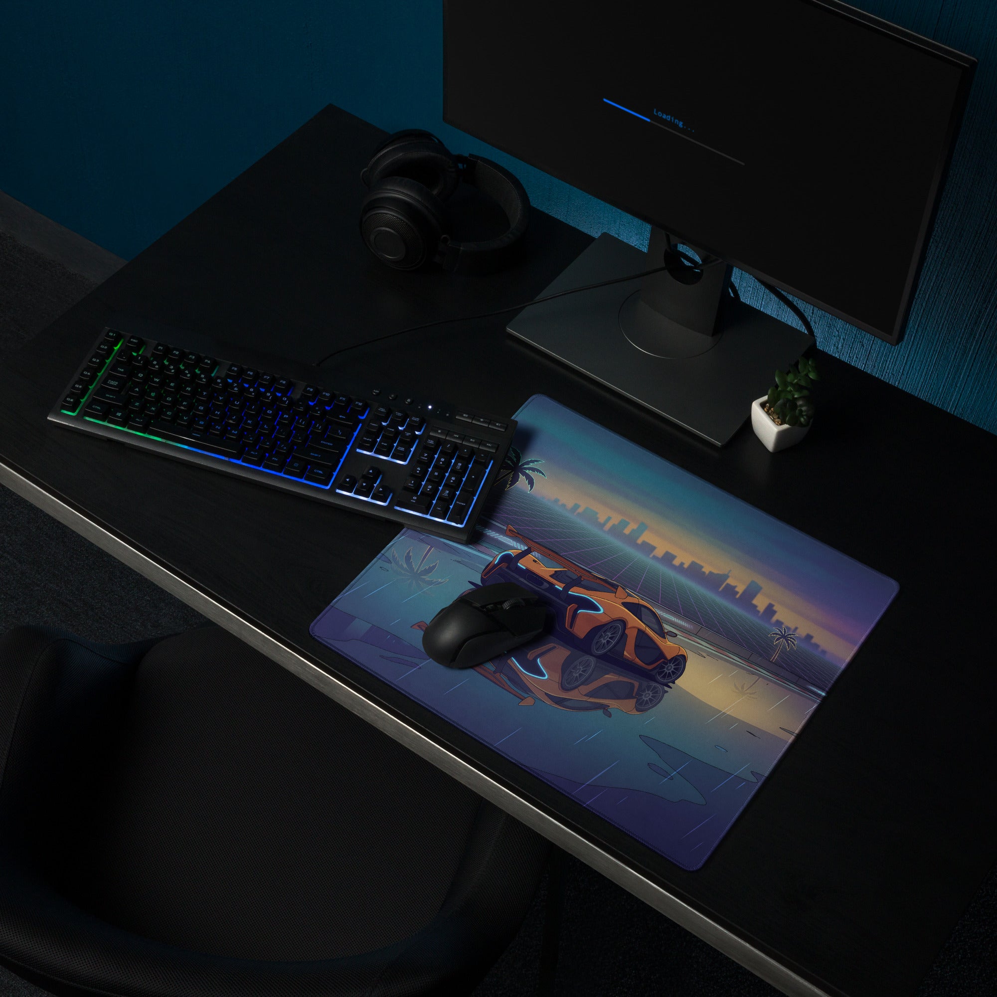 McLaren P1 GTR Inspired Orange Blue Vaporwave Gaming Mouse Pad – Rainy Neon Racetrack Desk Mat with Retro Futuristic Synthwave Supercar Artwork