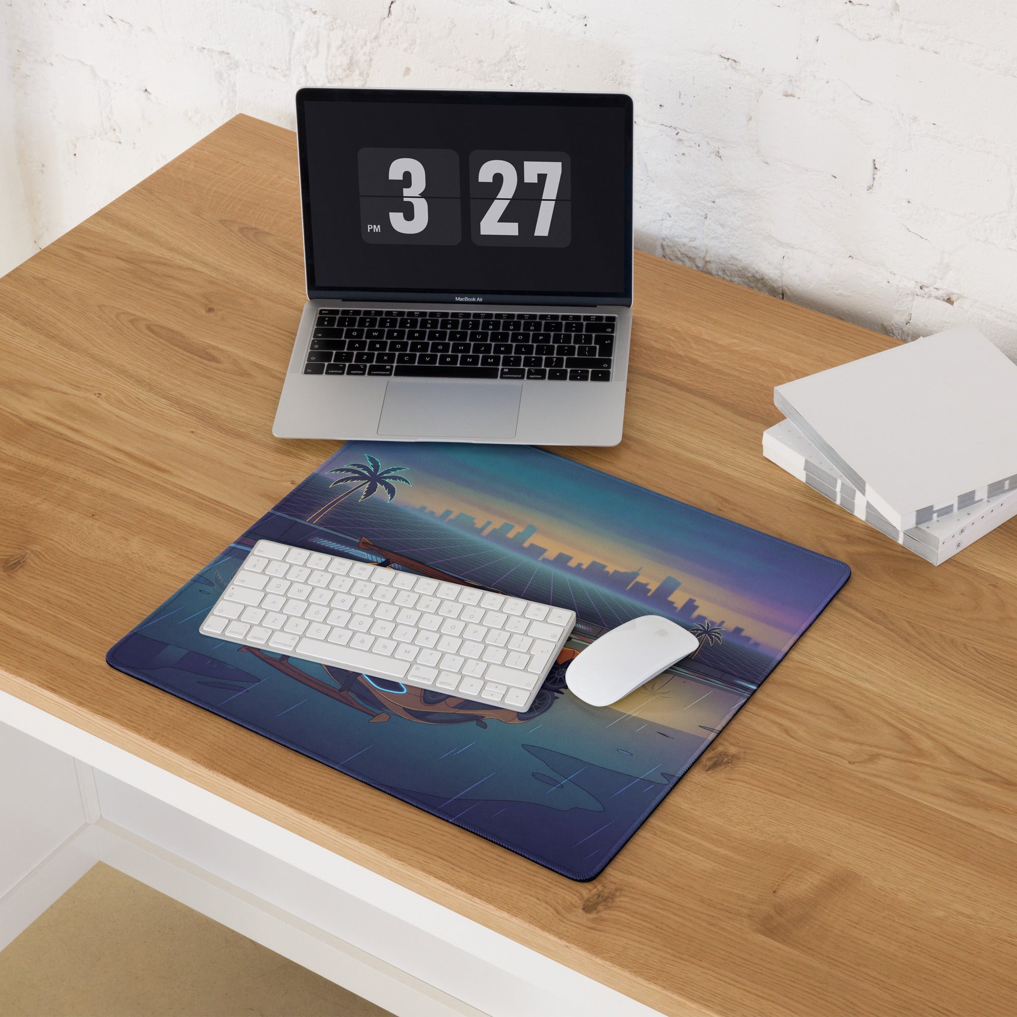 McLaren P1 GTR Inspired Orange Blue Vaporwave Gaming Mouse Pad – Rainy Neon Racetrack Desk Mat with Retro Futuristic Synthwave Supercar Artwork