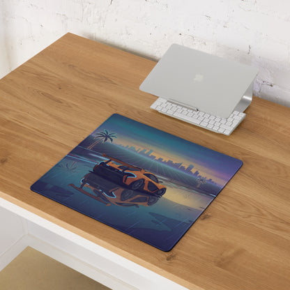 McLaren P1 GTR Inspired Orange Blue Vaporwave Gaming Mouse Pad – Rainy Neon Racetrack Desk Mat with Retro Futuristic Synthwave Supercar Artwork