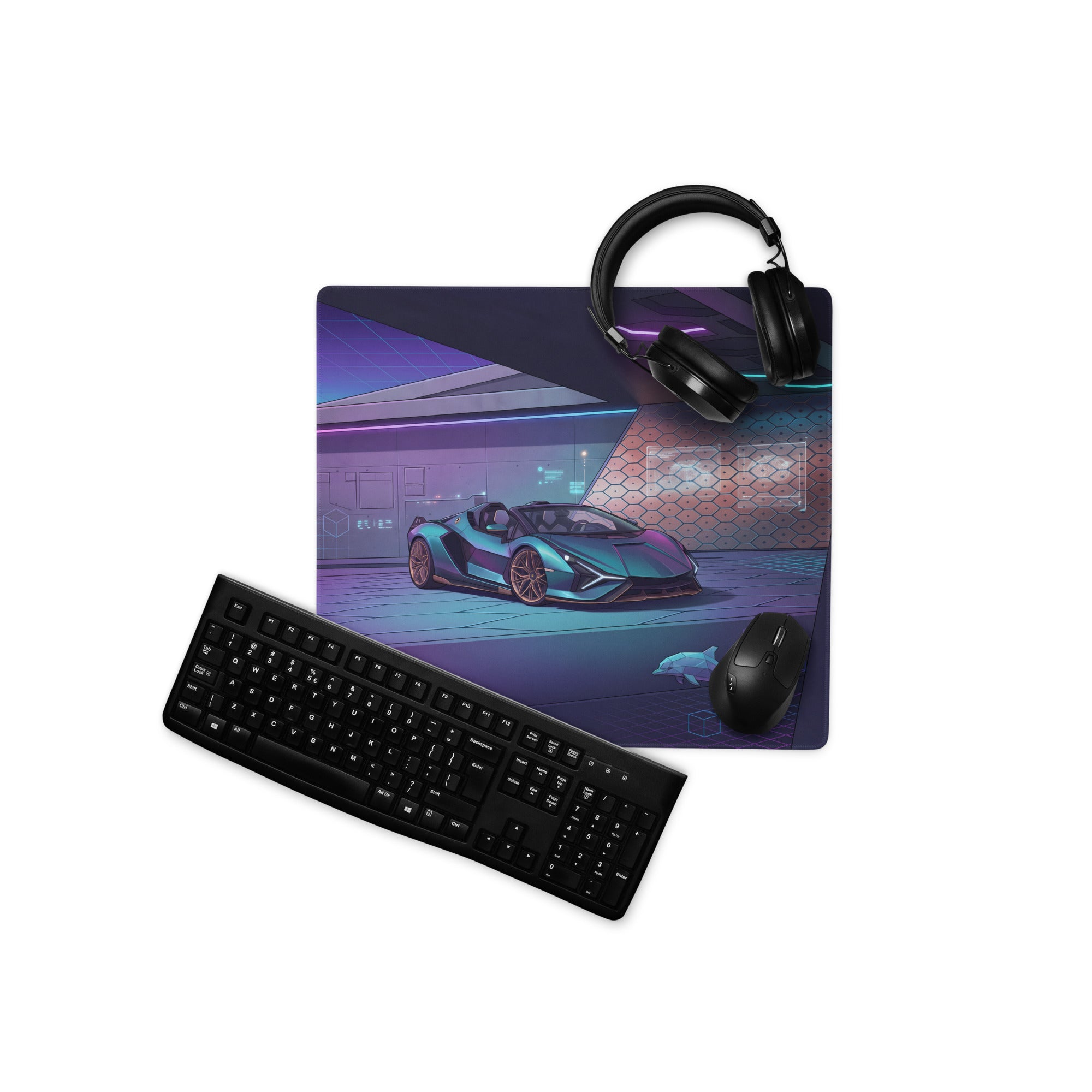 Lamborghini Sián Roadster Inspired Blue Purple Vaporwave Gaming Mouse Pad – Neon Futuristic Supercar Showroom Desk Mat with Synthwave Digital Artwork