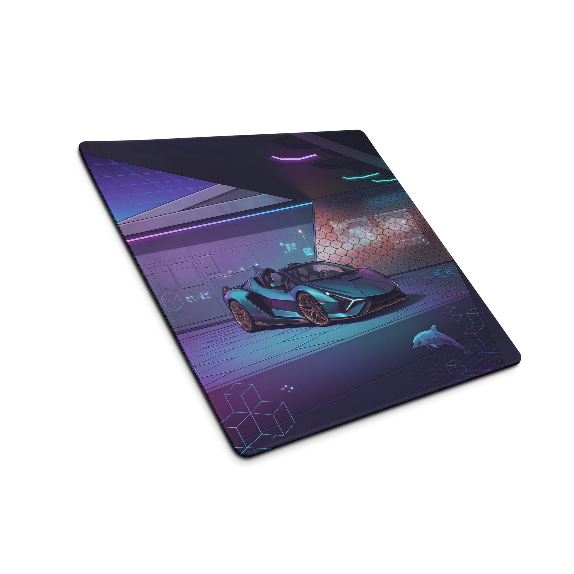 Lamborghini Sián Roadster Inspired Blue Purple Vaporwave Gaming Mouse Pad – Neon Futuristic Supercar Showroom Desk Mat with Synthwave Digital Artwork