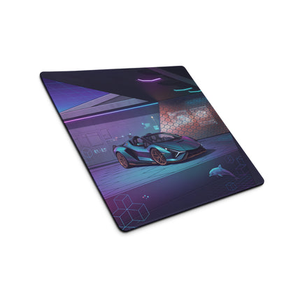 Lamborghini Sián Roadster Inspired Blue Purple Vaporwave Gaming Mouse Pad – Neon Futuristic Supercar Showroom Desk Mat with Synthwave Digital Artwork