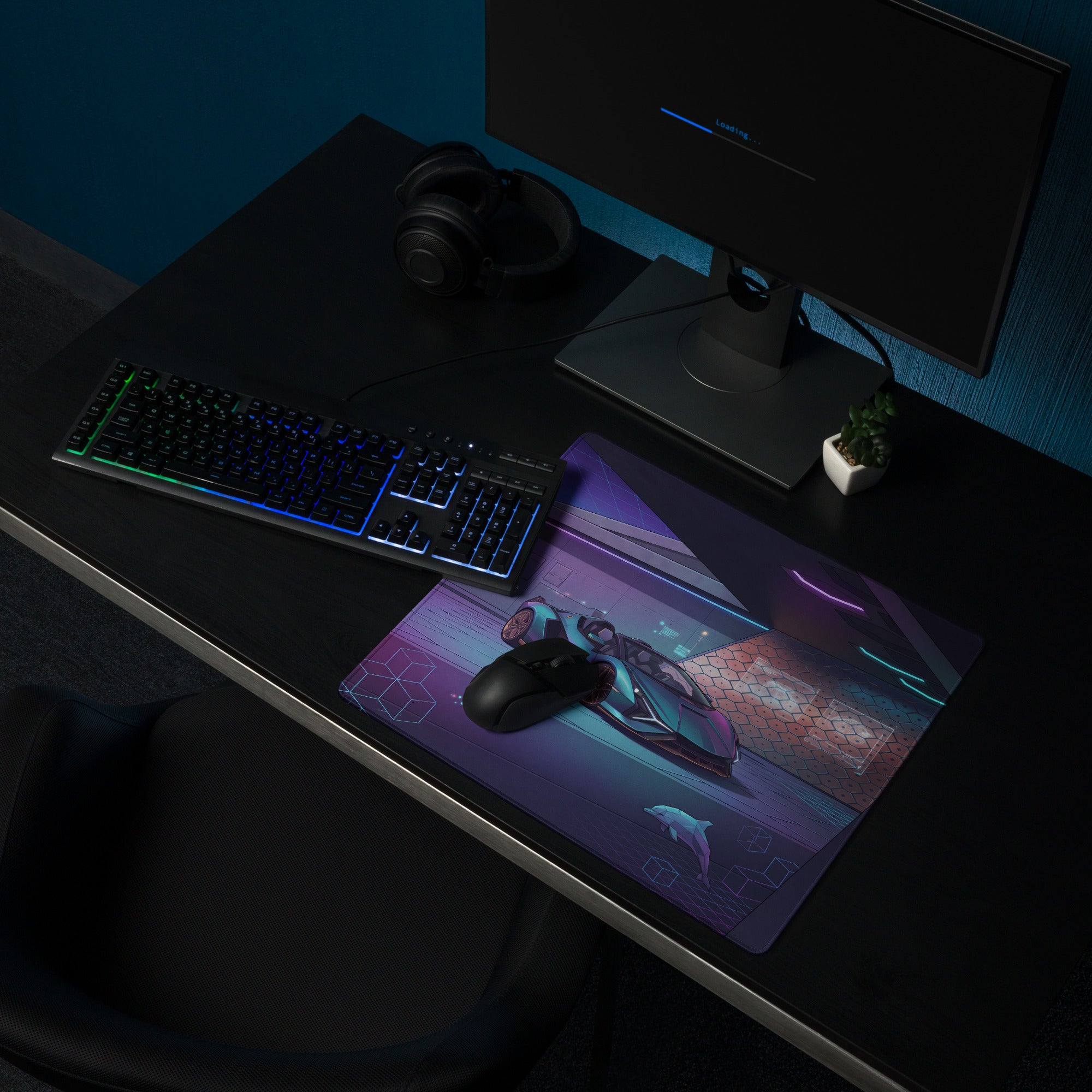 Lamborghini Sián Roadster Inspired Blue Purple Vaporwave Gaming Mouse Pad – Neon Futuristic Supercar Showroom Desk Mat with Synthwave Digital Artwork