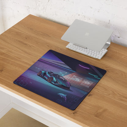 Lamborghini Sián Roadster Inspired Blue Purple Vaporwave Gaming Mouse Pad – Neon Futuristic Supercar Showroom Desk Mat with Synthwave Digital Artwork
