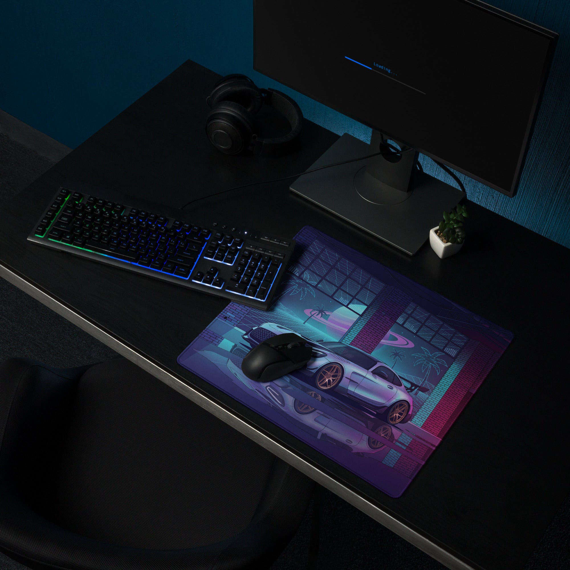 Mercedes-AMG GT Black Series Inspired Silver Pink Vaporwave Gaming Mouse Pad – Neon Retro Futuristic Garage Desk Mat with Synthwave Supercar Artwork