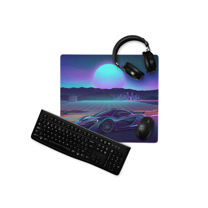 McLaren P1 Inspired Blue Purple Vaporwave Gaming Mouse Pad – Neon Sunset Supercar Desk Mat with Retro Futuristic Synthwave Desert Artwork