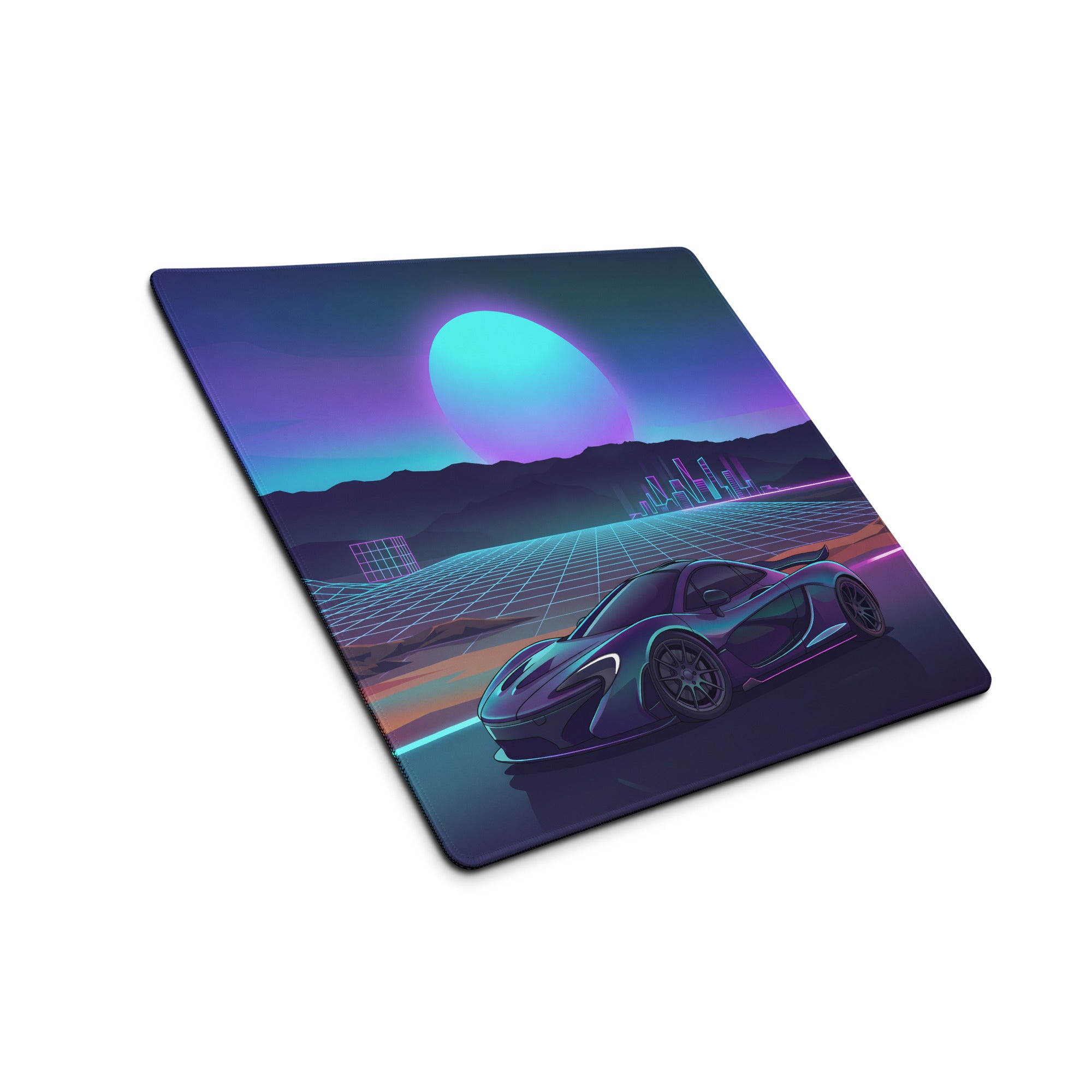 McLaren P1 Inspired Blue Purple Vaporwave Gaming Mouse Pad – Neon Sunset Supercar Desk Mat with Retro Futuristic Synthwave Desert Artwork