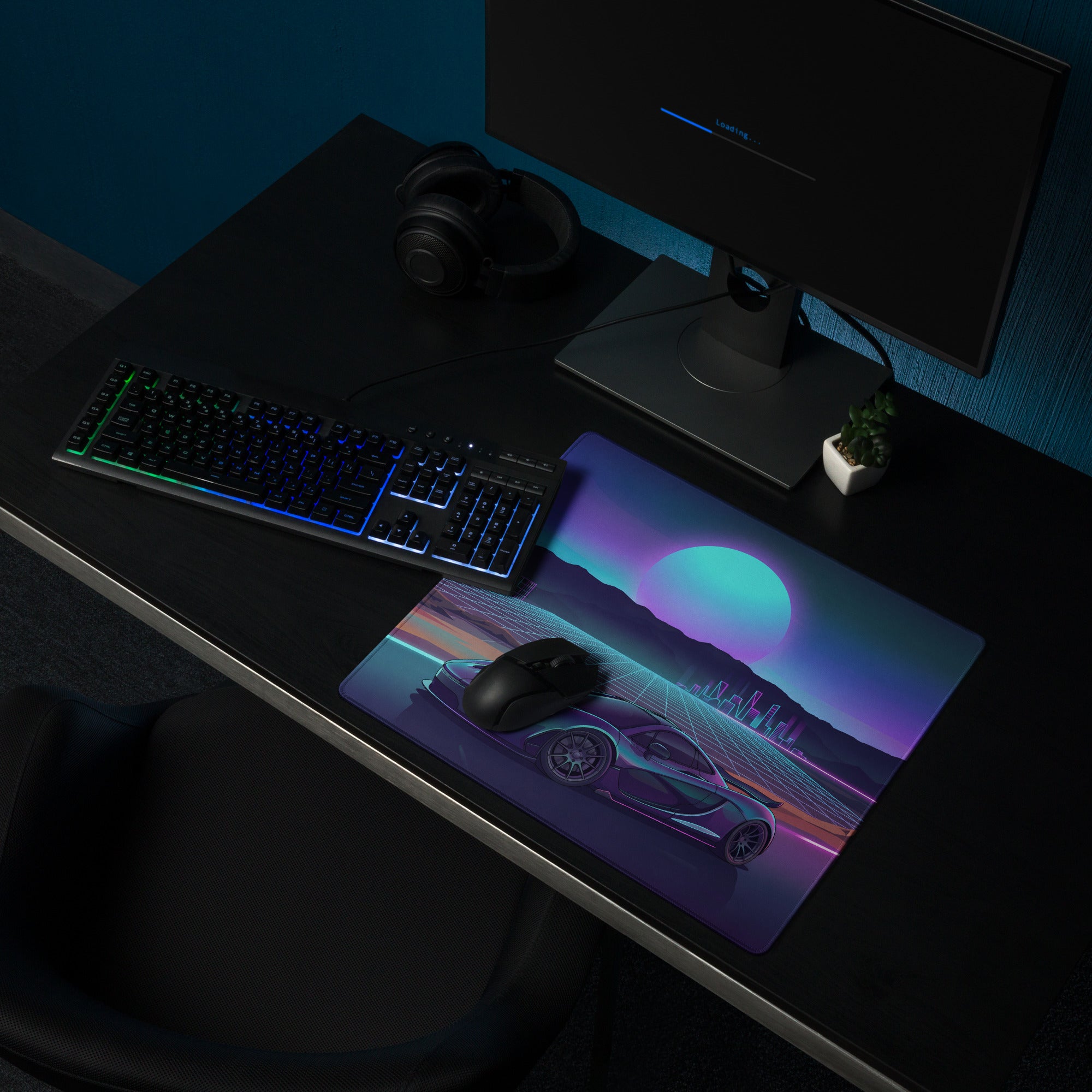 McLaren P1 Inspired Blue Purple Vaporwave Gaming Mouse Pad – Neon Sunset Supercar Desk Mat with Retro Futuristic Synthwave Desert Artwork
