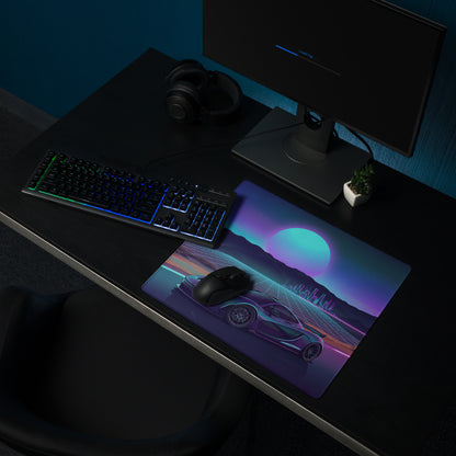 McLaren P1 Inspired Blue Purple Vaporwave Gaming Mouse Pad – Neon Sunset Supercar Desk Mat with Retro Futuristic Synthwave Desert Artwork