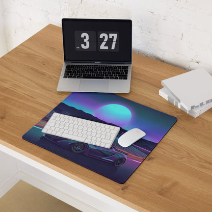 McLaren P1 Inspired Blue Purple Vaporwave Gaming Mouse Pad – Neon Sunset Supercar Desk Mat with Retro Futuristic Synthwave Desert Artwork