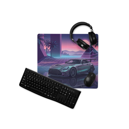 Mercedes-AMG GT Black Series Inspired Silver Purple Vaporwave Gaming Mouse Pad – Neon Sunset Supercar Desk Mat with Retro Futuristic Synthwave Art