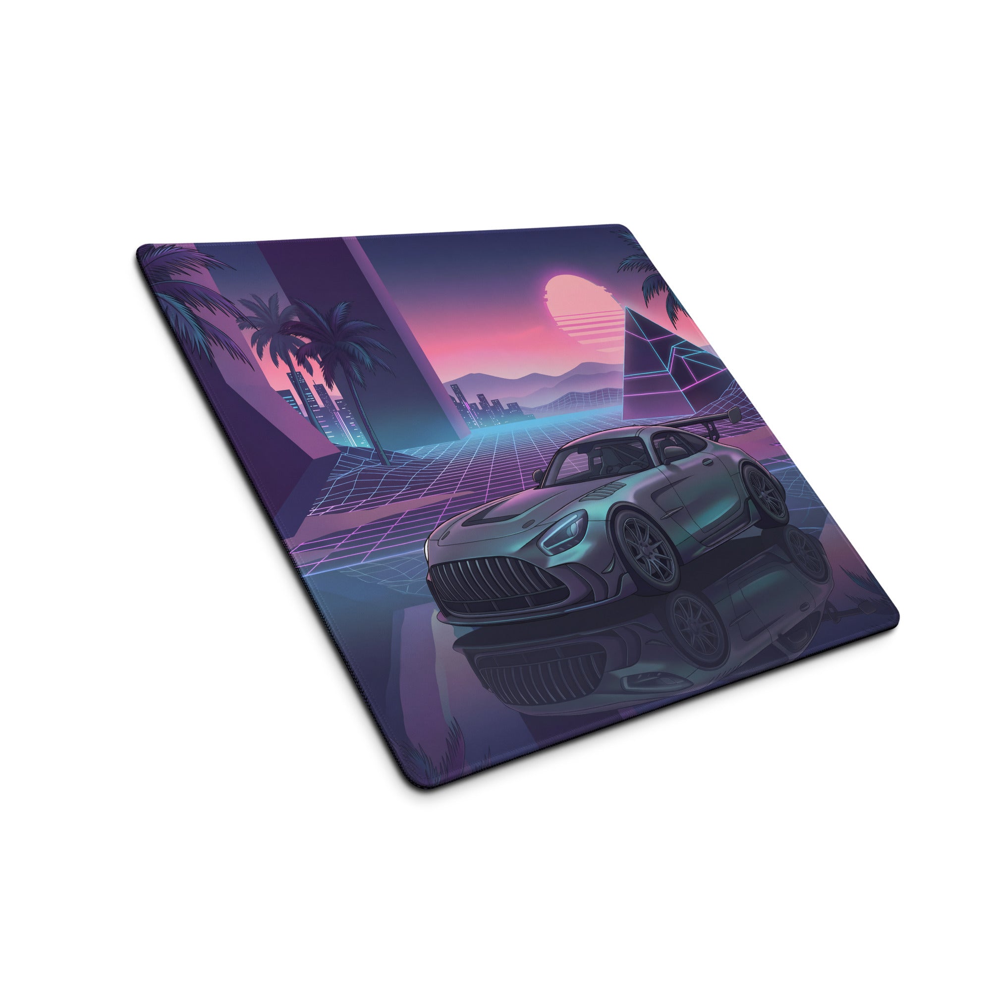Mercedes-AMG GT Black Series Inspired Silver Purple Vaporwave Gaming Mouse Pad – Neon Sunset Supercar Desk Mat with Retro Futuristic Synthwave Art
