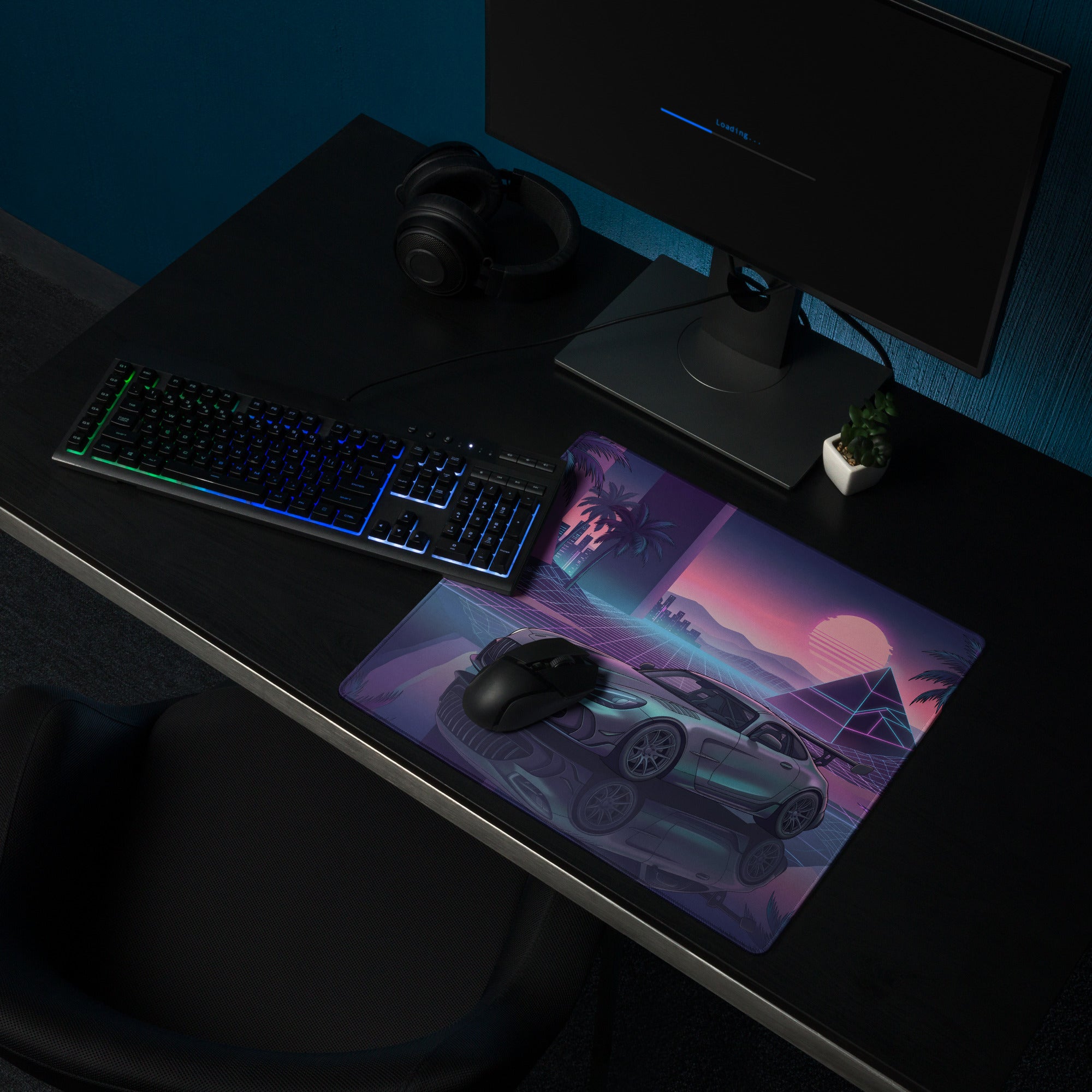 Mercedes-AMG GT Black Series Inspired Silver Purple Vaporwave Gaming Mouse Pad – Neon Sunset Supercar Desk Mat with Retro Futuristic Synthwave Art