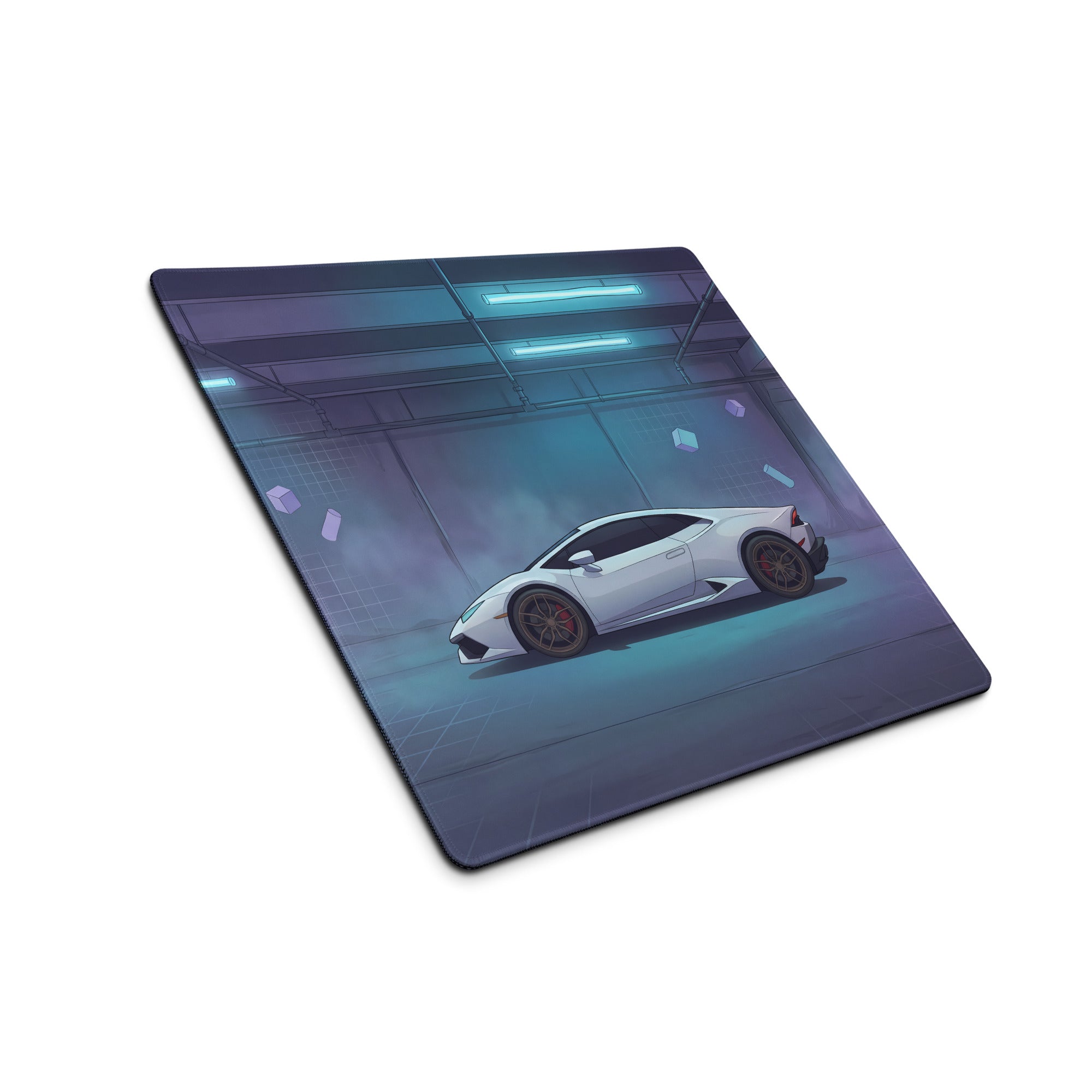 Lamborghini Huracán Inspired White Vaporwave Gaming Mouse Pad – Cyan Purple Neon Garage Desk Mat with Floating Geometric Shapes and Futuristic Supercar Art
