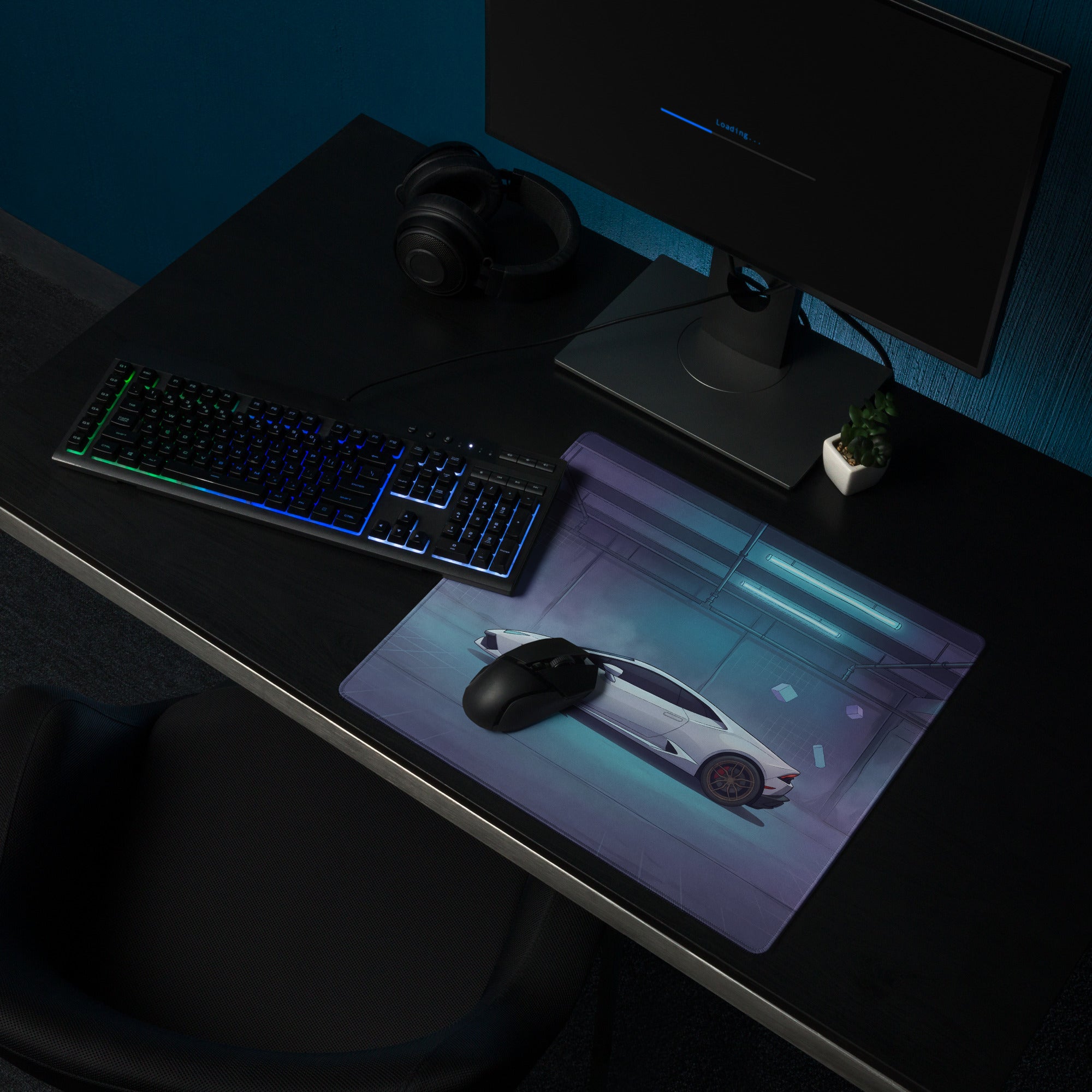 Lamborghini Huracán Inspired White Vaporwave Gaming Mouse Pad – Cyan Purple Neon Garage Desk Mat with Floating Geometric Shapes and Futuristic Supercar Art